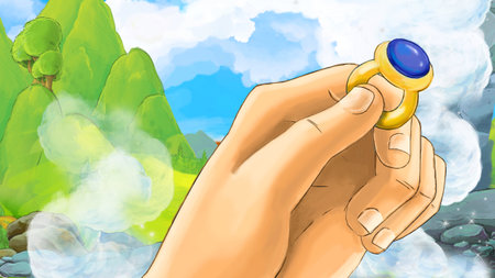 cartoon scene with hand holding golden ring - sky full of clouds and mountains at the bottom - illustration for childrenの写真素材