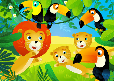 cartoon scene with jungle and animals being together with tucan bird illustration for kidsの写真素材