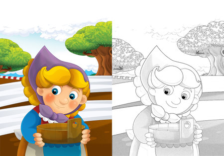 cartoon scene with happy woman working on the farm standing and smiling on white background illustrationの写真素材