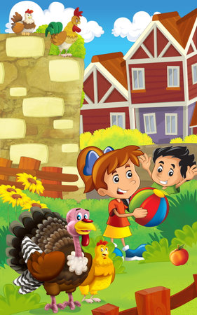 Cartoon happy farm scene - farm man happy on white background - illustrationの写真素材
