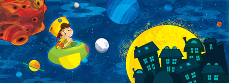 Cartoon funny colorful scene of cosmos galactic alien ufo isolated illustration for kidsの写真素材