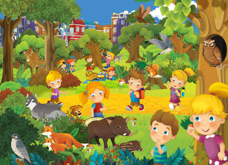 cartoon scene with kids playing at funfair amusement park or playground funny illustrationの写真素材