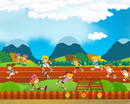 cartoon scene with kids playing at funfair amusement park or playground funny illustrationの写真素材