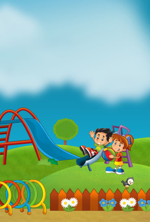 cartoon scene with kids playing at funfair amusement park or playground funny illustrationの写真素材