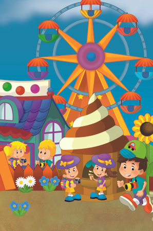 cartoon scene with kids playing at funfair amusement park or playground funny illustrationの写真素材