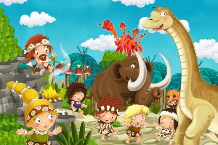 cartoon cavemen village scene with volcano and dinosaur diplodocus in the background - illustration for childrenの写真素材