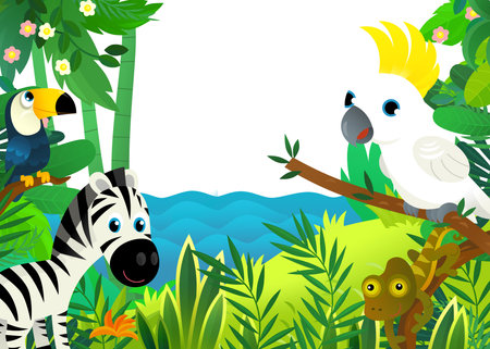cartoon scene with jungle and animals being together as frame illustration for kidsの写真素材
