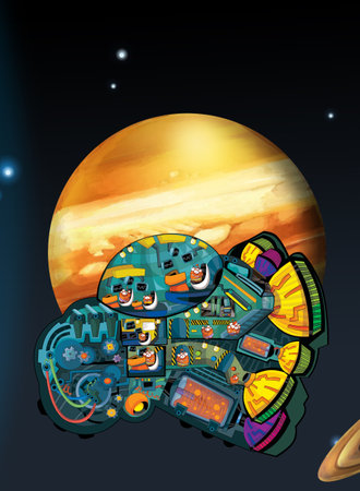 Cartoon funny colorful scene of cosmos galactic alien ufo space craft plane isolated illustration...