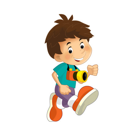 cartoon scene with young boy running with camera on his neck isolated illustration for kidsの写真素材