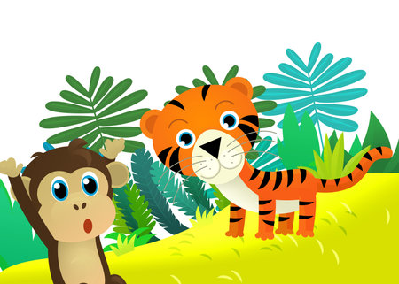 cartoon scene with happy tropical cat tiger in the jungle isolated illustration for kidsの写真素材