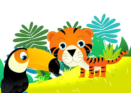 cartoon scene with happy tropical cat tiger in the jungle isolated illustration for kidsの写真素材