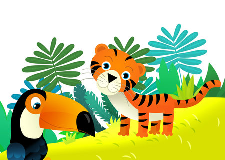cartoon scene with happy tropical cat tiger in the jungle isolated illustration for kidsの写真素材