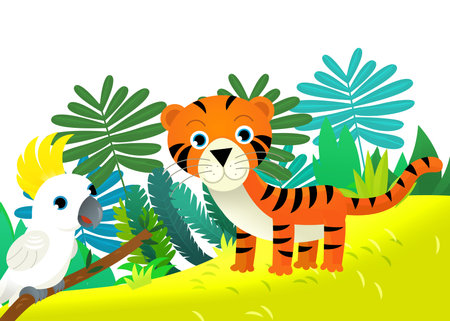 cartoon scene with happy tropical cat tiger in the jungle isolated illustration for kidsの写真素材