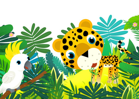 cartoon scene with happy tropical animal cat jaguar cheetah in the jungle isolated illustration for kidsの写真素材
