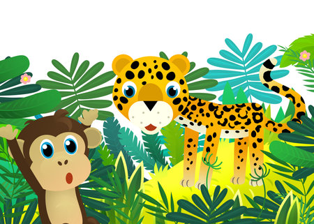 cartoon scene with happy tropical animal cat jaguar cheetah in the jungle isolated illustration for kidsの写真素材
