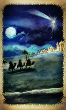 religious illustration three kings - and holy family - traditional scene - illustration for kidsの素材