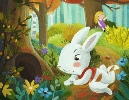 cartoon scene with little girl seeing nobleman rabbit running to the hidden hole in the tree in the forest illustration for kidsの写真素材
