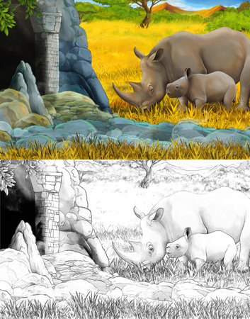 cartoon scene with rhinoceros near the cave in the mountain on some meadow illustration for childrenの写真素材
