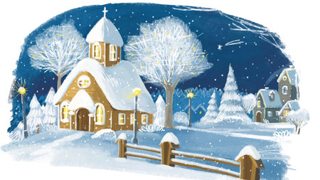 cartoon happy scene with winter christmas scene with classic little wooden church and shooting star illustration for kidsの写真素材