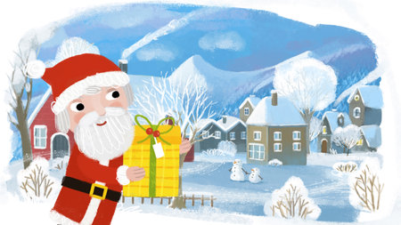 cartoon christmas winter happy scene with town in snow illustration for kidsの写真素材