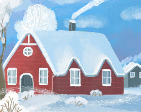 cartoon christmas scene with city in the winter with illustration for kidsの写真素材