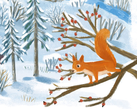 cartoon christmas scene with city in the winter with some squirrel illustration for kidsの写真素材