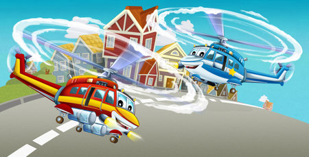 cartoon happy scene with plane helicopter flying in the city - illustration for childrenの写真素材
