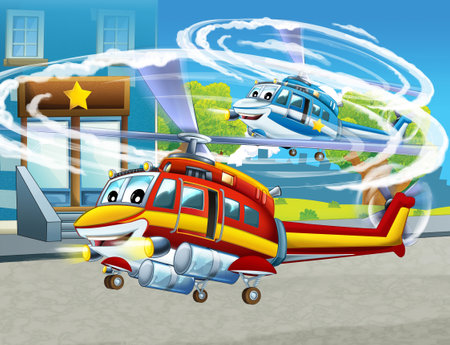 cartoon happy scene with plane helicopter flying in the city - illustration for childrenの写真素材