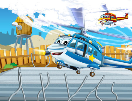 cartoon happy scene with plane helicopter flying in the city - illustration for childrenの写真素材