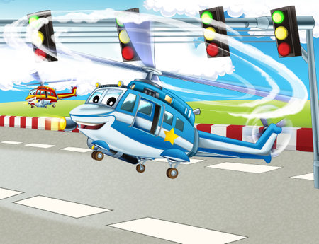 cartoon happy scene with plane helicopter flying in the city - illustration for childrenの写真素材