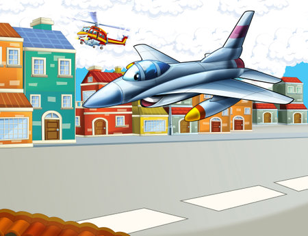 cartoon happy scene with plane helicopter flying in the city - illustration for childrenの写真素材