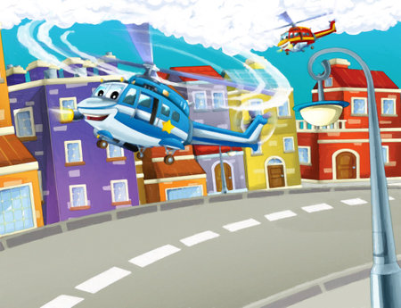 cartoon happy scene with plane helicopter flying in the city - illustration for childrenの写真素材