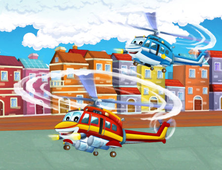 cartoon happy scene with plane helicopter flying in the city - illustration for childrenの写真素材