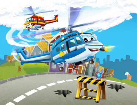cartoon happy scene with plane helicopter flying in the city - illustration for childrenの写真素材