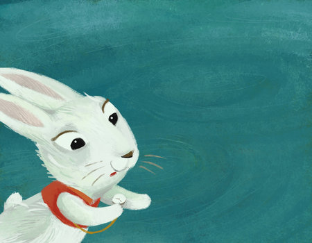 cartoon scene with blue sky like background with wind strokes with rabbit bunny illustration for kidsの写真素材