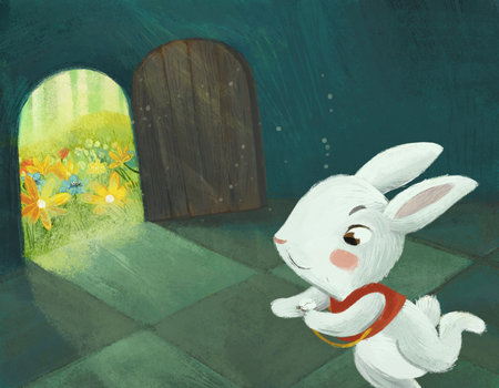 cartoon scene in the hidden room of some castle like house and open doors with rabbit bunny illustration for kidsの写真素材
