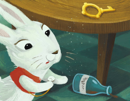 cartoon scene in the hidden room of some castle like house with lots of doors and round table and golden key with rabbit bunny illustration for kidsの写真素材