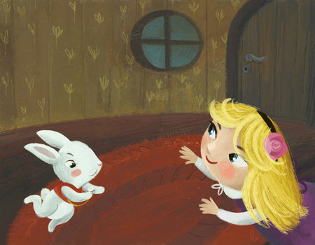 cartoon scene in the hidden room of some cozy house like house with girl child and rabbit bunny illustration for kidsの写真素材