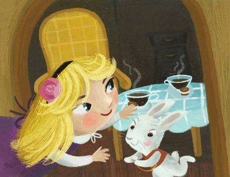 cartoon scene in the hidden room of some cozy house like house with lots of doors with girl child and rabbit bunny illustration for kidsの写真素材