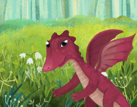 cartoon scene with dragon lizard with magically looking meadow in the forest in sunny day illustration for kidsの写真素材
