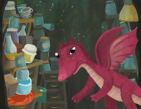 cartoon scene with dragon lizard with hidden hole of some pantry full of jars illustration for kidsの写真素材