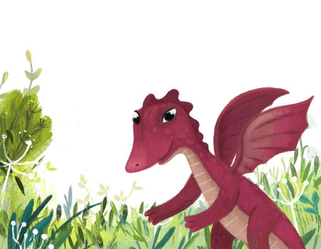 cartoon scene with dragon lizard with magically looking meadow in the forest in sunny day illustration for kidsの写真素材