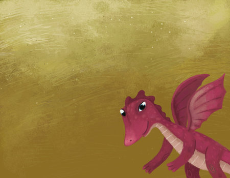 cartoon scene with dragon lizard with golden autumn sky like background with wind and light strokes illustration for kidsの写真素材