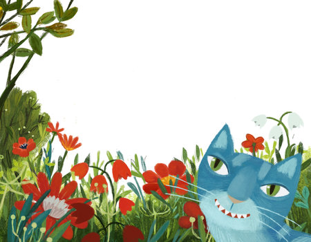 cartoon scene with magical cat with magically looking meadow in the forest in sunny day illustration for kidsの写真素材
