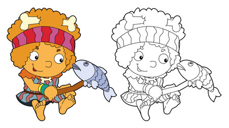 cartoon scene with caveman toned man isolated with coloring page illustration for kidsの写真素材