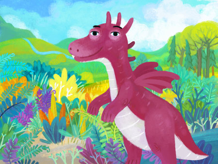 cartoon scene with forest jungle meadow wildlife with dragon dino dinosaur animal zoo scenery illustration for kidsの写真素材