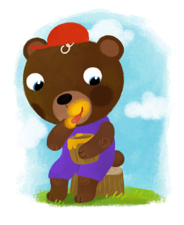 cartoon scene with happy farmer ranch bear holding honey eating illustration for kidsの写真素材