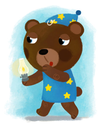 cartoon scene with sleepy bear walking with oil lamp during night illustration for kidsの写真素材