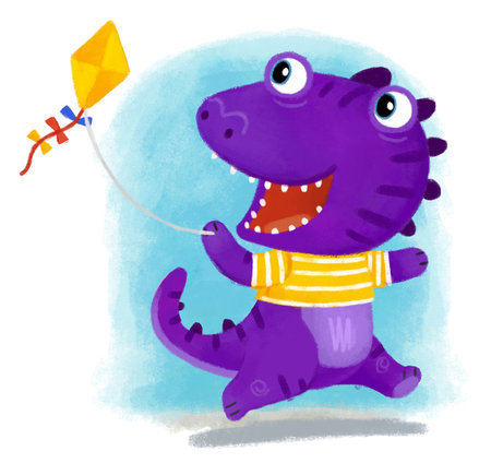 cartoon scene with dino dinosaur or dragon playing having fun on white background illustration for kidsの写真素材