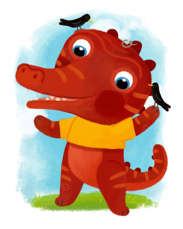 cartoon scene with dino dinosaur or dragon playing having fun on white background illustration for kidsの写真素材
